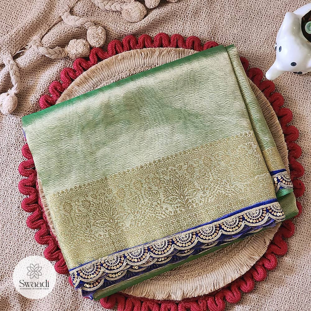 Anokhi - Elegant Green Tissue Saree with Lace Borders